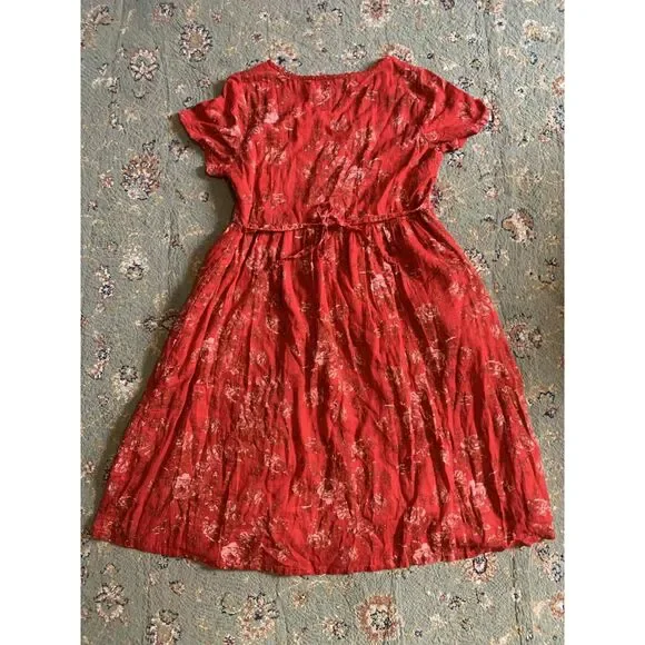 April Cornell Cap Sleeve Red Floral Midi Cotton Tie Back Dress with Pockets, XL - Picture 2 of 6